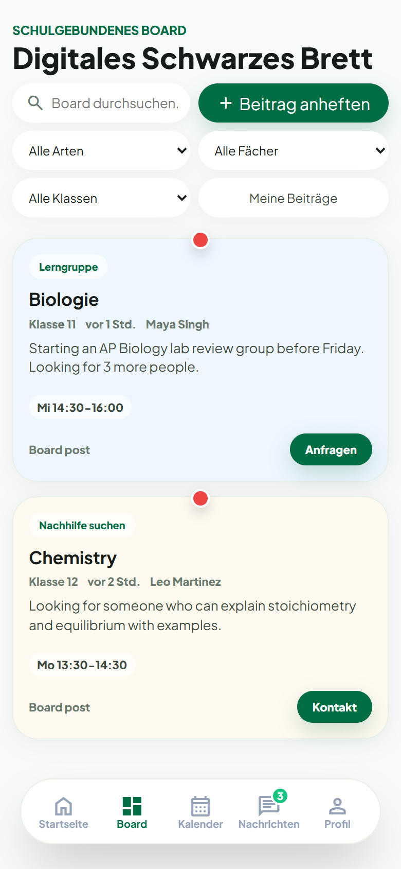 Aktuelles StudyConnect Board mit Suchanzeigen