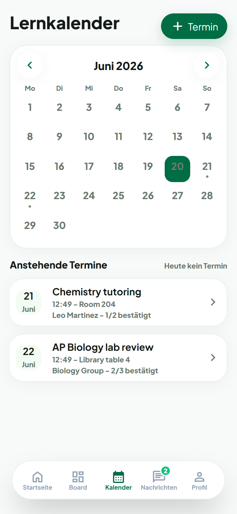 Aktuelle StudyConnect Kalenderansicht