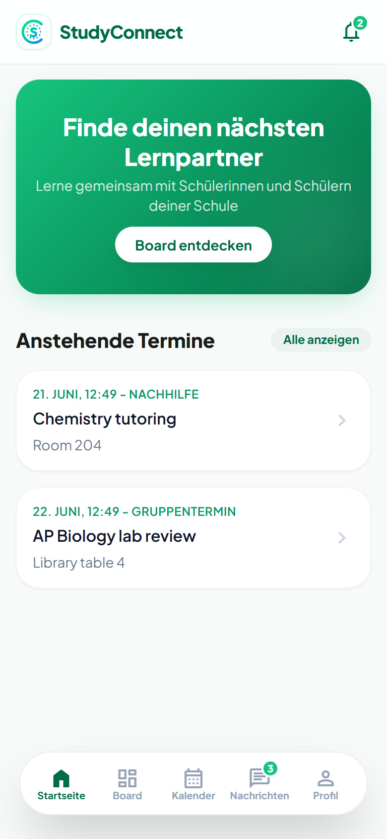 StudyConnect: Home & Übersicht